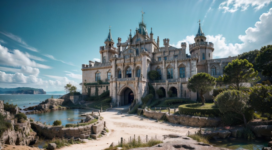  sea,coast,castle,magnificent castle,The blue sky,Clear Sky,complex and detailed background,realistic,best quality,dynamic lighting,natural shadow,ray tracing,volumetric lighting,highest detail,detailed background,insane details,intricate,subsurface scattering
