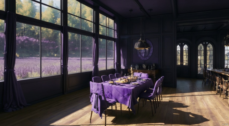 indoor,restaurant,purple and black room,dining-table,(Abundant food on the dining:1.6) table,chair,Simple french window,sliding doors, lamp, architecture,(Gothic style:1),French window,Simple french window,Tied up sheer curtains,Open Windows,Open french window,bright warm sunlight,The lakes and Forest Outside the Window,lakes,forest,intersting lights and shadows,8k hd, (highly detailed background, amazing background),(masterpiece), best quality, ultra detail, (intricate detail),dynamic lighting, perfect lighting, detailed shadows,(wide dynamic range:1.5)