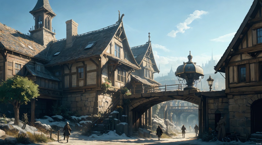  realistic, masterpiece, best quality, cinematic, dynamic lighting, natural shadow, ray tracing, volumetric lighting, highest detail, professional photography, detailed background,insane details, intricate, aesthetic,detailed matte painting,fantastic and intricate details,Bright color tones,Sunny Weather,fantasy concept art,8k resolution trending on Artstation Unreal Engine,medieval city,Compact architecture,Many people,Multiple buildings