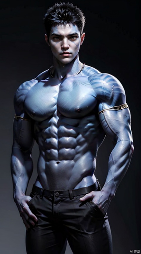  boy,Young male,A handsome boy,A strong boy,Young face,upper body portrait,young,solo,big muscle,(thick arms),(big pecs),( long legs),slim,1male,slender waist,hands in pockets,abdominal muscle,Red short hair,Tattoos on arms,dark skin,realistic, masterpiece, best quality, cinematic, dynamic lighting, natural shadow, ray tracing, volumetric lighting, highest detail, professional photography, detailed background,insane details, intricate, aesthetic, detailed face, detailed skin, subsurface scattering, realistic hair,realistic eyes, muscular,(large pectorals:1.7), (puffy nipples:1.1), (shiny skin:1.6), pecs, abs, yukito, niji5, dark skin, navi