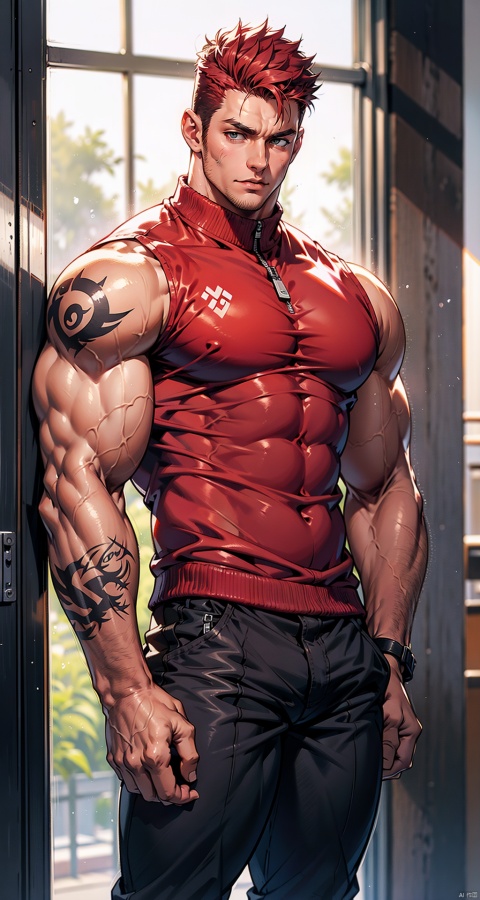   handsome male,upper body portrait,young,solo,big muscle,(thick arms),(big pecs),( long legs),slim,1male,slender waist,hands in pockets,red hair,black vest,black sleeveless jacket,tattoos on arms,muscular Male, fu
