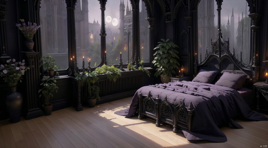 indoor,a bedroom,bedroom,purple and black room,Wide double bed,vase,The flowers in the vase,candlestick,Candles burning on the candlestick,(Gothic style:1.5),French window,Simple french window,Open Windows,Open french window,night,The Moon and Forest Outside the Window,moon,moonlight,forest,architecture,(highly detailed background, amazing background),(masterpiece), best quality, ultra detail,dynamic lighting, perfect lighting, detailed shadows, (wide dynamic range:1.5), bedroomai