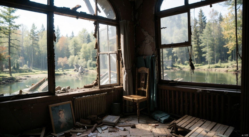 indoor,A dilapidated interior,dilapidated room,(ruins:1.6),A tattered sofa,A rundown table,A tattered chair,Simple french window,A dilapidated door, lamp,(Victorian style decoration:1.5),French window,Simple french window,Worn curtains,Open Windows,Open french window,bright warm sunlight,(The lakes and Forest Outside the Window:1.5),lakes,forest,intersting lights and shadows,8k hd,highly detailed background,amazing background,best quality, ultra detail, dynamic lighting, perfect lighting, detailed shadows