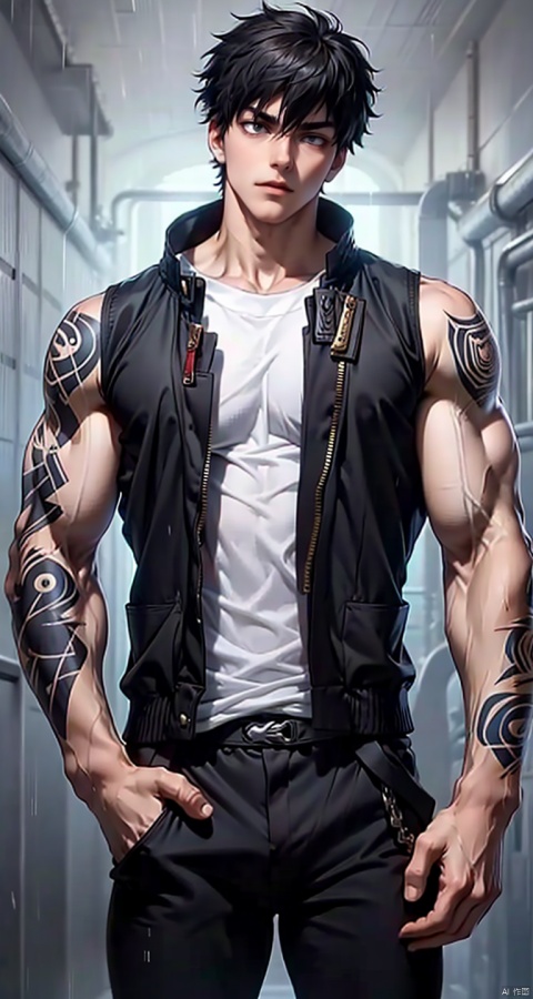  handsome male,upper body portrait,young,solo,big muscle,(thick arms),(big pecs),( long legs),slim,1male,slender waist,hands in pockets,(an open sleeveless jacket),(black vest),tattoos on arms, black bodysuit, fu, trailblazer,bodysuit, yukito