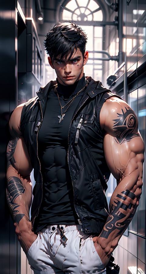  handsome male,upper body portrait,young,solo,big muscle,(thick arms),(big pecs),( long legs),slim,1male,slender waist,hands in pockets,(an open sleeveless jacket),(black vest),tattoos on arms, black bodysuit, fu, trailblazer,bodysuit