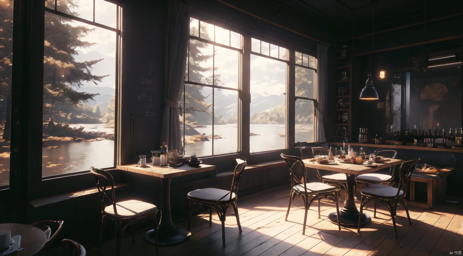  indoor,restaurant,purple and black room,dining-table,Abundant food on the dining table,chair,Simple french window,sliding doors, lamp, architecture,(Gothic style:1),French window,Simple french window,Tied up sheer curtains,Open Windows,Open french window,bright warm sunlight,The lakes and Forest Outside the Window,lakes,forest,intersting lights and shadows,8k hd, (highly detailed background, amazing background),(masterpiece), best quality, ultra detail, (intricate detail),dynamic lighting, perfect lighting, detailed shadows,(wide dynamic range:1.5)