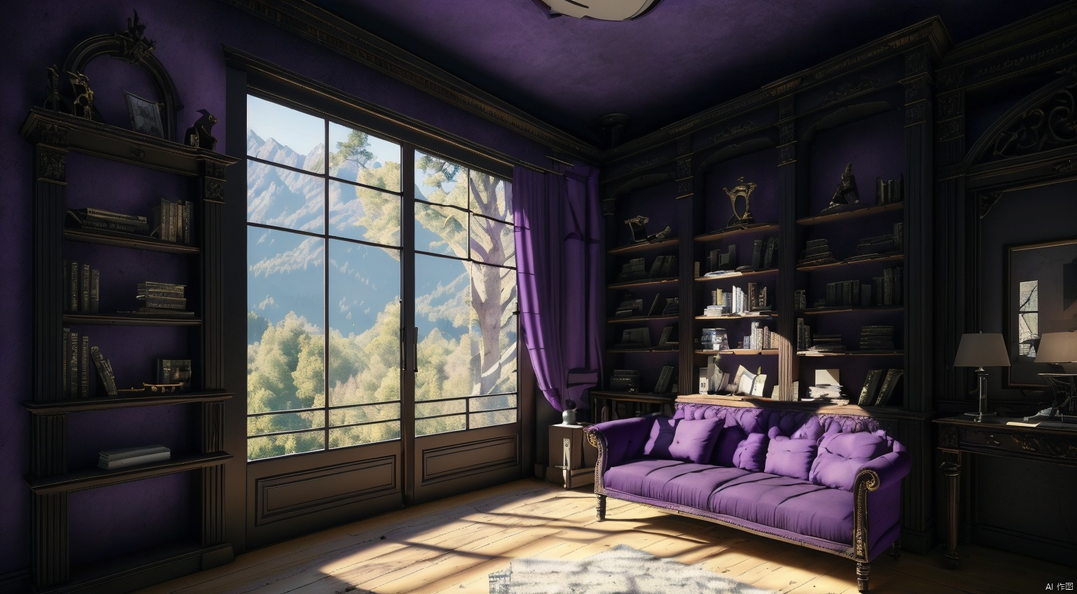  indoor,a study,study,purple and black room,Bookcase,(A bookcase occupying an entire wall:1.6),sofa,table,desk,chair,Simple french window,sliding doors,test tube,Various colored reagents in test tubes,(Gothic style:1),French window,Simple french window,Tied up sheer curtains,Open Windows,Open french window,bright warm sunlight,The lakes and Forest Outside the Window,lakes,forest,intersting lights and shadows,4k hd, (highly detailed background),(masterpiece), best quality, ultra detail, (intricate detail),dynamic lighting, perfect lighting, detailed shadows,(wide dynamic range:1.5), gothic