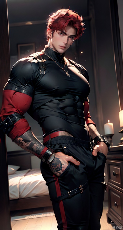  handsome male,upper body portrait,young,solo,big muscle,(thick arms),(big pecs),( long legs),slim,1male,slender waist,hands in pockets,abdominal muscle,Red hair,Black vest,Tattoos on arms,niji5, flamebringer (arknights),black bodysuit, hedelei,there are horns on the head,A strong male, black bodysuit, suncedhy,bodysuit