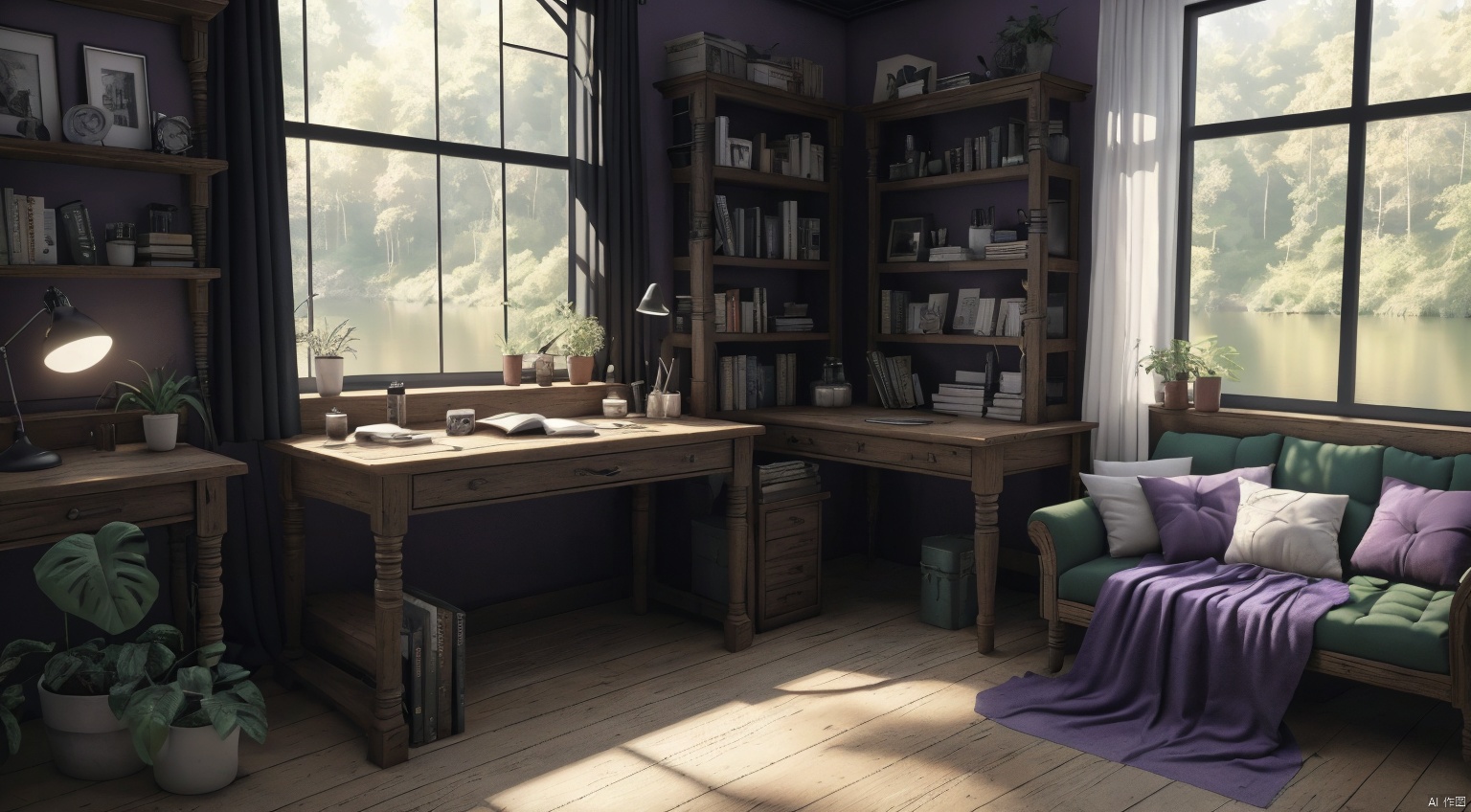  indoor,a study,study,purple and black room,Bookcase,A bookcase occupying an entire wall,sofa,table,desk,chair,Simple french window,sliding doors,test tube,Various colored reagents in test tubes,(Gothic style:1),French window,Simple french window,Tied up sheer curtains,Open Windows,Open french window,bright warm sunlight,The lakes and Forest Outside the Window,lakes,forest,intersting lights and shadows,4k hd, (highly detailed background),(masterpiece), best quality, ultra detail, (intricate detail),dynamic lighting, perfect lighting, detailed shadows,(wide dynamic range:1.5)