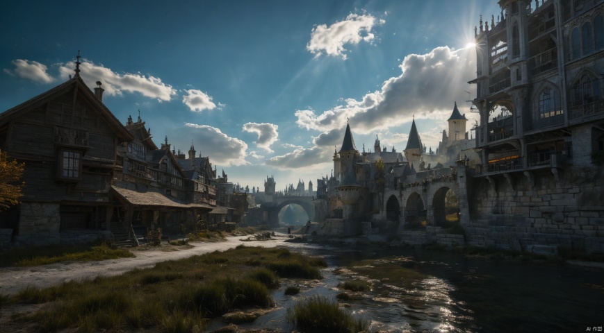  realistic, masterpiece, best quality, cinematic, dynamic lighting, natural shadow, ray tracing, volumetric lighting, highest detail, professional photography, detailed background,insane details, intricate, aesthetic,detailed matte painting,fantastic and intricate details,Bright color tones,Sunny Weather,fantasy concept art,8k resolution trending on Artstation Unreal Engine,medieval city,Compact architecture,Many people,Multiple buildings, castle, ttruins, gothic, FanSe, gothichorrorai