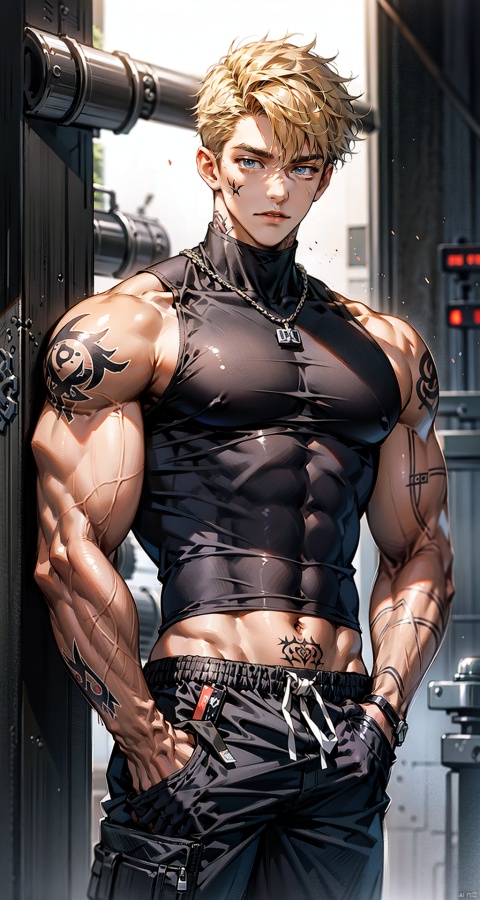  handsome male,upper body portrait,young,solo,big muscle,(thick arms),(big pecs),black shorts,black vest,( long legs),slim,1male,slender waist,hands in pockets,abdominal muscle,blonde hair,black skin,black sleeveless turtleneck top,Tattoos on arms,niji5, flamebringer (arknights)