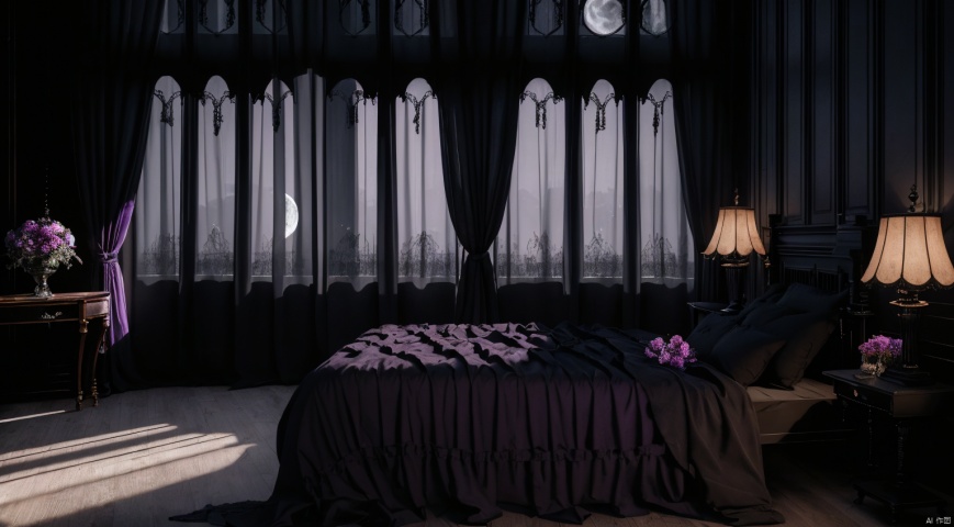  indoor,a bedroom,bedroom,purple and black room,Wide double bed,vase,The flowers in the vase,candlestick,Candles burning on the candlestick,(Gothic style:1.5),French window,Simple french window,Sheer curtains,Open Windows,Open french window,night,The Moon and Forest Outside the Window,moon,moonlight,forest,architecture,intersting lights and shadows,ultra realistic, unreal engine 5, studio lighting, cinematic, High Detail, dramatic, cinematic, 8k, highres , extremely detailed CG unity 8k wallpaper, realistic, masterpiece, highest quality, lens flare, unreal engine, trending on ArtStation, Intricate, High Detail, realism, beautiful and detailed lighting, shadows