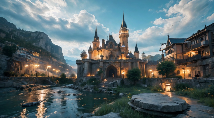  realistic, masterpiece, best quality, cinematic, dynamic lighting, natural shadow, ray tracing, volumetric lighting, highest detail, professional photography, detailed background,insane details, intricate, aesthetic,detailed matte painting,fantastic and intricate details,Bright color tones,Sunny Weather,fantasy concept art,8k resolution trending on Artstation Unreal Engine,medieval city,Compact architecture,Many people,Multiple buildings, castle