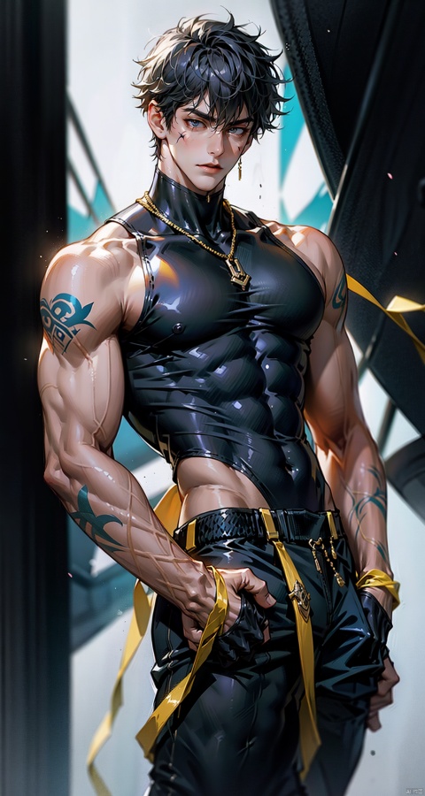  handsome male,upper body portrait,young,solo,big muscle,(thick arms),(big pecs),( long legs),slim,1male,slender waist,hands in pockets,(an open sleeveless jacket),(black vest),tattoos on arms, black bodysuit, fu, trailblazer
