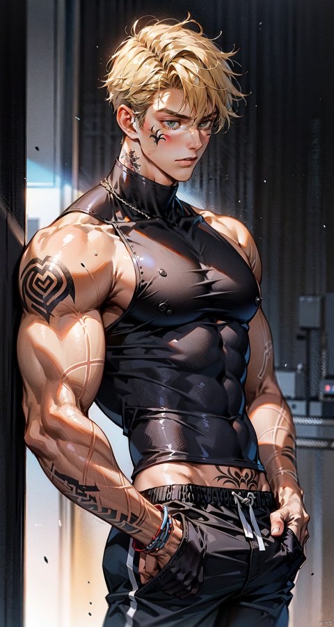  handsome male,upper body portrait,young,solo,big muscle,(thick arms),(big pecs),( long legs),slim,1male,slender waist,hands in pockets,abdominal muscle,blonde hair,Wearing a black sleeveless high neck top with a black vest,black shorts,Tattoos on arms,niji5, flamebringer (arknights)