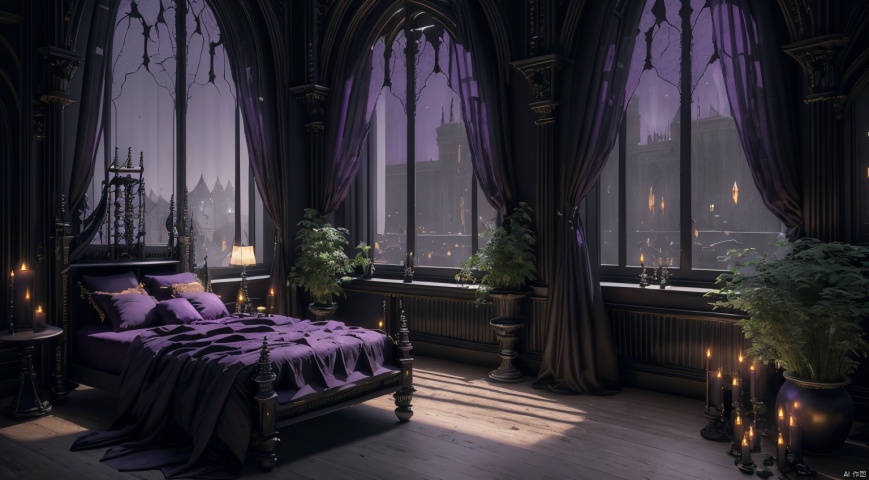  indoor,a bedroom,bedroom,purple and black room,Wide double bed,vase,The flowers in the vase,candlestick,Candles burning on the candlestick,(Gothic style:1.5),French window,Simple french window,Tied up sheer curtains,Open Windows,Open french window,night,The Moon and Forest Outside the Window,moon,moonlight,forest,architecture,intersting lights and shadows,ultra realistic, unreal engine 5, studio lighting, cinematic, High Detail, dramatic, cinematic, 8k, highres , extremely detailed CG unity 8k wallpaper, realistic, masterpiece, highest quality, lens flare, unreal engine, trending on ArtStation, Intricate, High Detail, realism, beautiful and detailed lighting, shadows, bedroomai, gothic