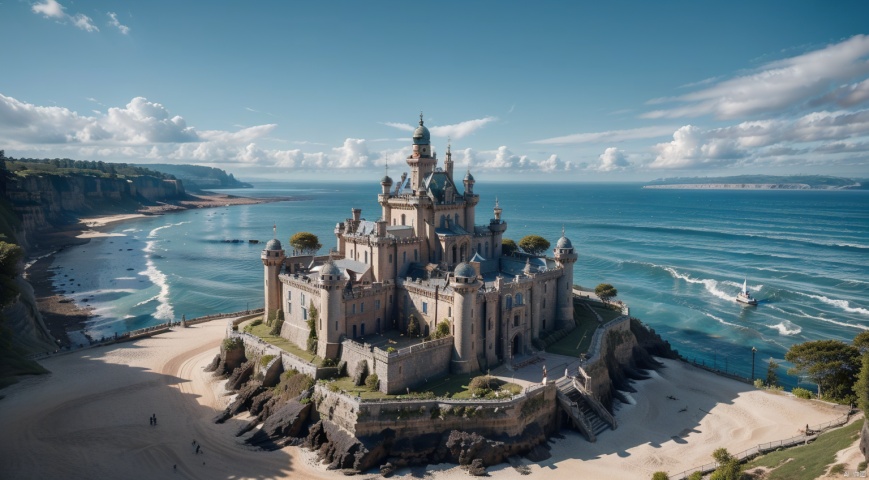 (sea:1.7),(coast:1.7),castle,magnificent castle,The blue sky,Clear Sky,complex and detailed background,realistic,best quality,dynamic lighting,natural shadow,ray tracing,volumetric lighting,highest detail,detailed background,intricate