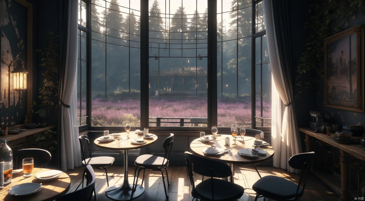  indoor,restaurant,purple and black room,dining-table,Abundant food on the dining table,chair,Simple french window,sliding doors, lamp, architecture,(Gothic style:1),French window,Simple french window,Tied up sheer curtains,Open Windows,Open french window,bright warm sunlight,The lakes and Forest Outside the Window,lakes,forest,intersting lights and shadows,8k hd, (highly detailed background, amazing background),(masterpiece), best quality, ultra detail, (intricate detail),dynamic lighting, perfect lighting, detailed shadows,(wide dynamic range:1.5)