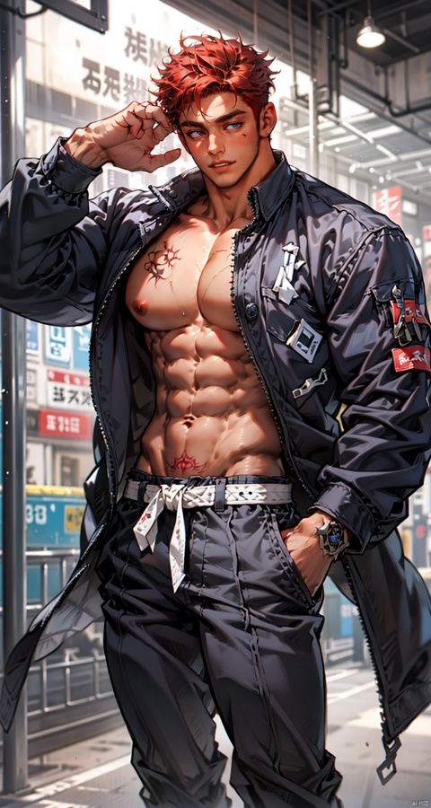  handsome male,upper body portrait,young,solo,big muscle,(thick arms),(big pecs),( long legs),slim,1male,slender waist,abdominal muscle,hands in pockets,red hair,black coat,tattoos on arms,muscular Male, fu