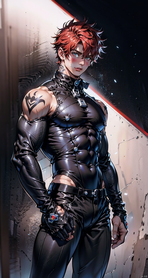  handsome male,upper body portrait,young,solo,big muscle,(thick arms),(big pecs),( long legs),slim,1male,slender waist,hands in pockets,abdominal muscle,Red hair,black sleeveless high neck top,Black vest,Tattoos on arms,niji5, flamebringer (arknights), black bodysuit
