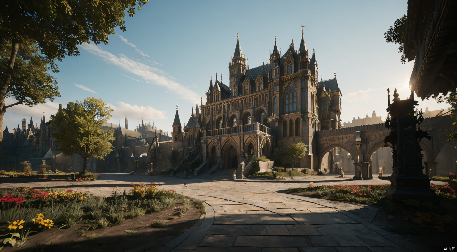  realistic, masterpiece, best quality, cinematic, dynamic lighting, natural shadow, ray tracing, volumetric lighting, highest detail, professional photography, detailed background,insane details, intricate, aesthetic,detailed matte painting,fantastic and intricate details,Bright color tones,Sunny Weather,fantasy concept art,8k resolution trending on Artstation Unreal Engine,medieval city,Compact architecture,Many people,Multiple buildings, castle, ttruins, gothic