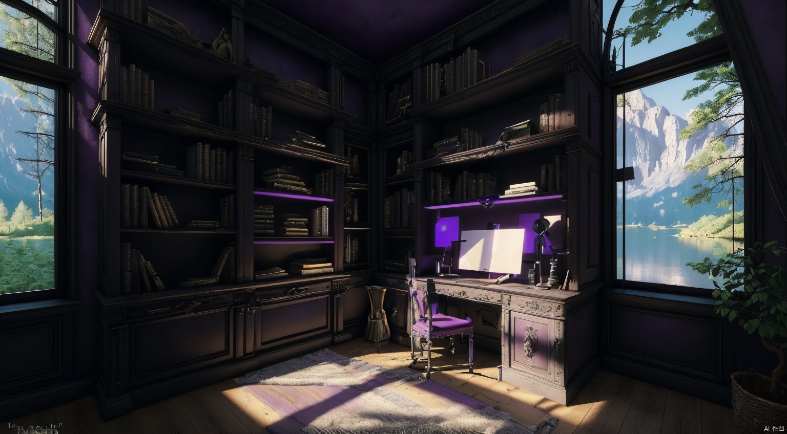  indoor,a study,study,purple and black room,Bookcase,(A bookcase occupying an entire wall:1.6),sofa,table,desk,chair,Simple french window,sliding doors,test tube,Various colored reagents in test tubes,(Gothic style:1),French window,Simple french window,Tied up sheer curtains,Open Windows,Open french window,bright warm sunlight,The lakes and Forest Outside the Window,lakes,forest,intersting lights and shadows,4k hd, (highly detailed background),(masterpiece), best quality, ultra detail, (intricate detail),dynamic lighting, perfect lighting, detailed shadows,(wide dynamic range:1.5), gothic