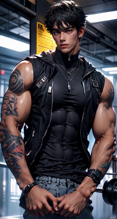  handsome male,upper body portrait,young,solo,big muscle,(thick arms),(big pecs),( long legs),slim,1male,slender waist,hands in pockets,(an open sleeveless jacket),(black vest),tattoos on arms, black bodysuit, fu, trailblazer,bodysuit