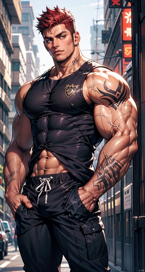  handsome male,upper body portrait,young,solo,big muscle,(thick arms),(big pecs),( long legs),slim,1male,slender waist,hands in pockets,abdominal muscle,red hair,black vest,tattoos on arms,muscular Male, fu