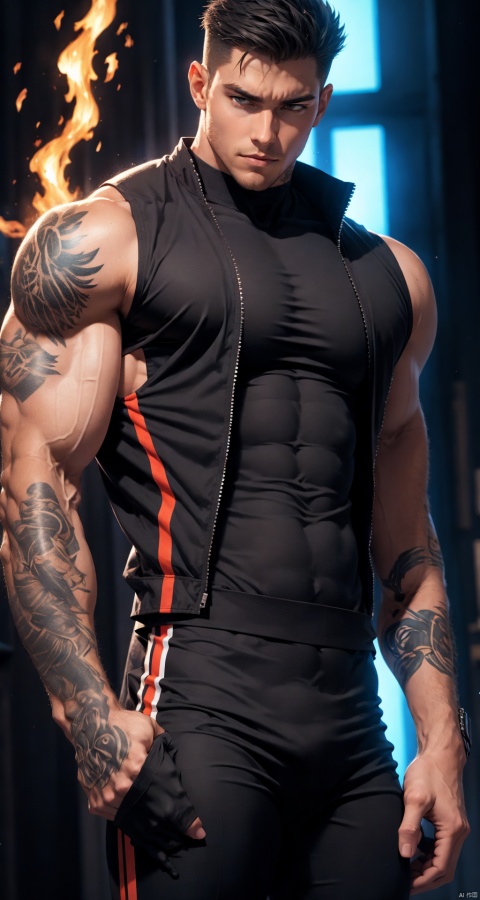  handsome male,upper body portrait,young,solo,big muscle,(thick arms),(big pecs),( long legs),slim,1male,slender waist,hands in pockets,(an open sleeveless jacket),(black vest),tattoos on arms, black bodysuit, fu, trailblazer, flamebringer (arknights)