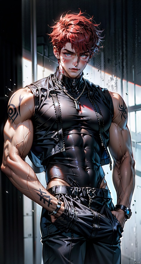  handsome male,upper body portrait,young,solo,big muscle,(thick arms),(big pecs),( long legs),slim,1male,slender waist,hands in pockets,red hair,(an open sleeveless jacket),(black vest),tattoos on arms, black bodysuit, fu
