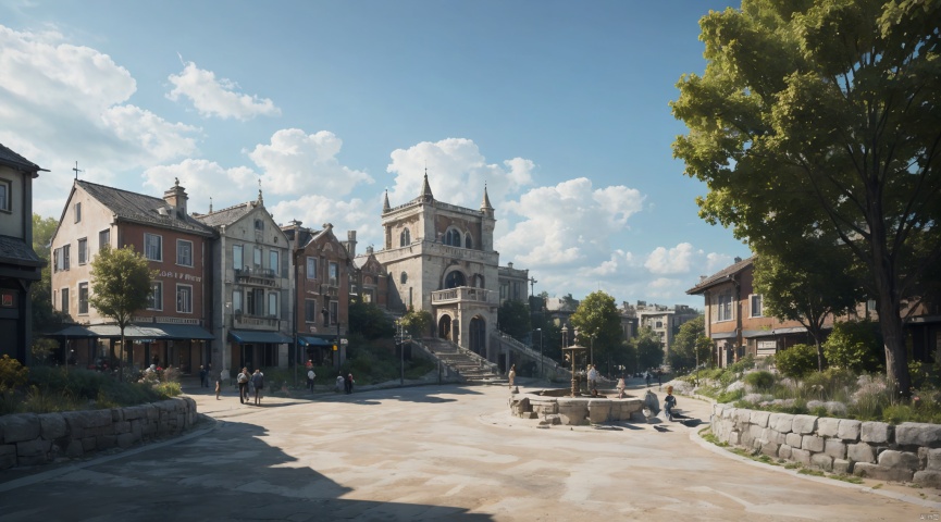  realistic, masterpiece, best quality, cinematic, dynamic lighting, natural shadow, ray tracing, volumetric lighting, highest detail, professional photography, detailed background,insane details, intricate, aesthetic,detailed matte painting,fantastic and intricate details,Bright color tones,Sunny Weather,fantasy concept art,8k resolution trending on Artstation Unreal Engine,medieval city,Compact architecture,Many people