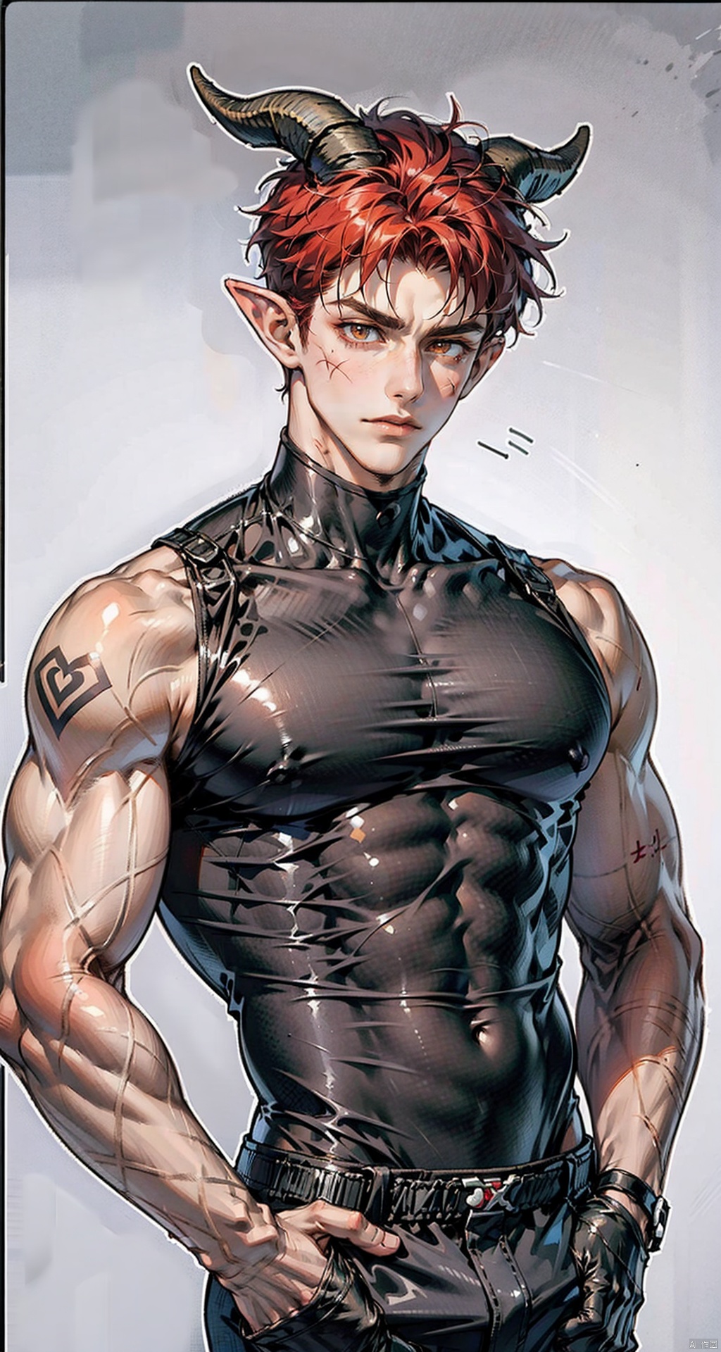 handsome male,***** male,a strong male,upper body portrait,young,solo,big muscle,(thick arms),(big pecs),( long legs),slim,1male,slender waist,hands in pockets,abdominal muscle,Red short hair,Black vest,Tattoos on arms,,black bodysuit, hedelei,there are horns on the head