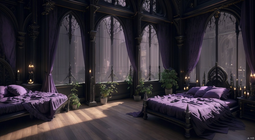  indoor,a bedroom,bedroom,purple and black room,Wide double bed,vase,The flowers in the vase,candlestick,Candles burning on the candlestick,(Gothic style:1.5),French window,Simple french window,Tied up sheer curtains,Open Windows,Open french window,night,The Moon and Forest Outside the Window,moon,moonlight,forest,architecture,intersting lights and shadows,ultra realistic, unreal engine 5, studio lighting, cinematic, High Detail, dramatic, cinematic, 8k, highres , extremely detailed CG unity 8k wallpaper, realistic, masterpiece, highest quality, lens flare, unreal engine, trending on ArtStation, Intricate, High Detail, realism, beautiful and detailed lighting, shadows, bedroomai, gothic