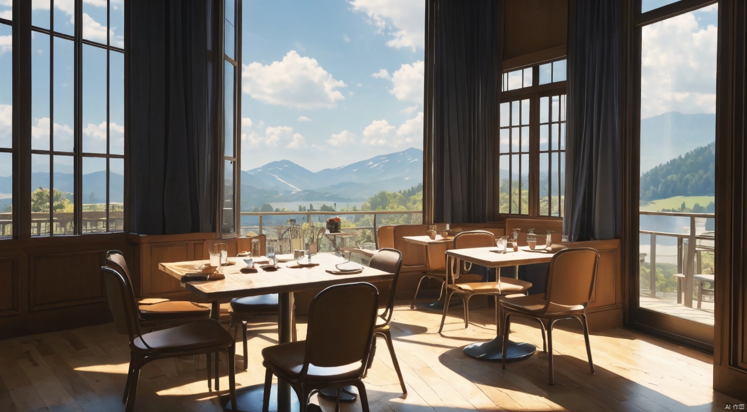  indoor,restaurant,purple and black room,dining-table,Abundant food on the dining table,chair,Simple french window,sliding doors, lamp, architecture,(Gothic style:1),French window,Simple french window,Tied up sheer curtains,Open Windows,Open french window,bright warm sunlight,The lakes and Forest Outside the Window,lakes,forest,intersting lights and shadows,8k hd, (highly detailed background, amazing background),(masterpiece), best quality, ultra detail, (intricate detail),dynamic lighting, perfect lighting, detailed shadows,(wide dynamic range:1.5)