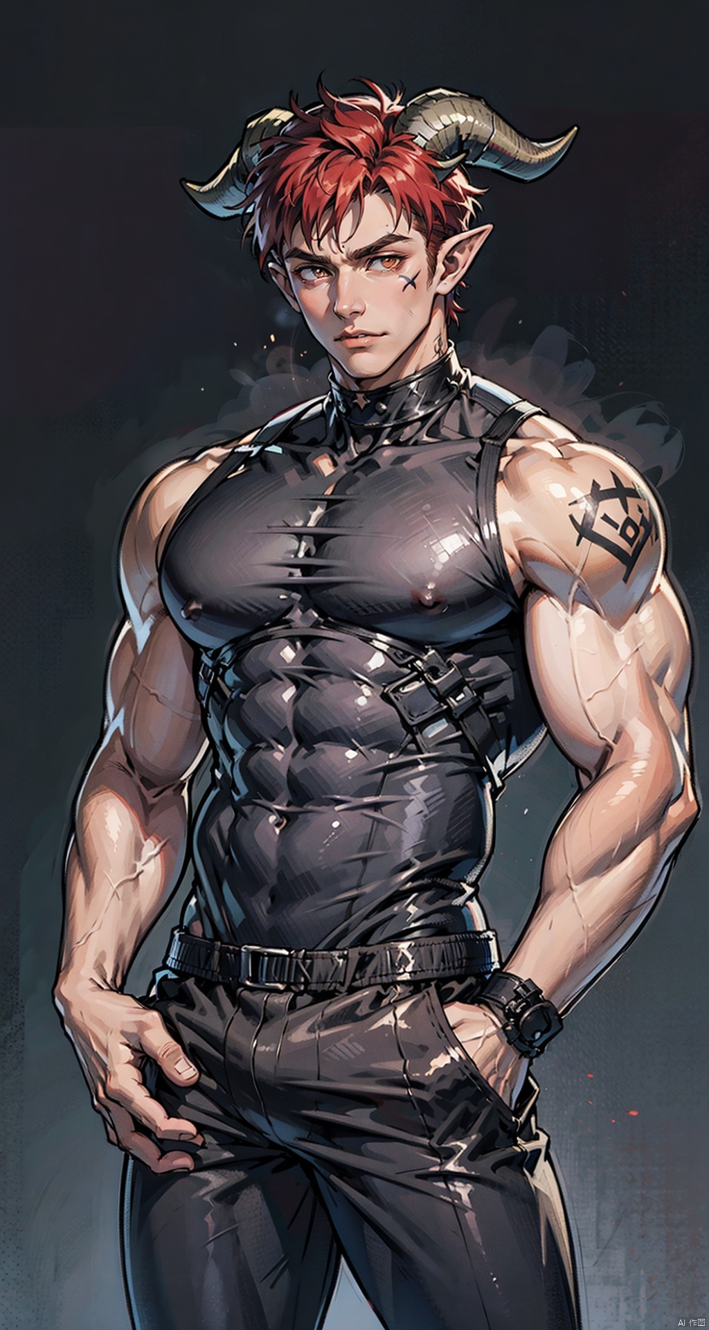  handsome male,***** male,a strong male,upper body portrait,young,solo,big muscle,(thick arms),(big pecs),( long legs),slim,1male,slender waist,hands in pockets,abdominal muscle,Red short hair,Black vest,Tattoos on arms,,black bodysuit, hedelei,there are horns on the head