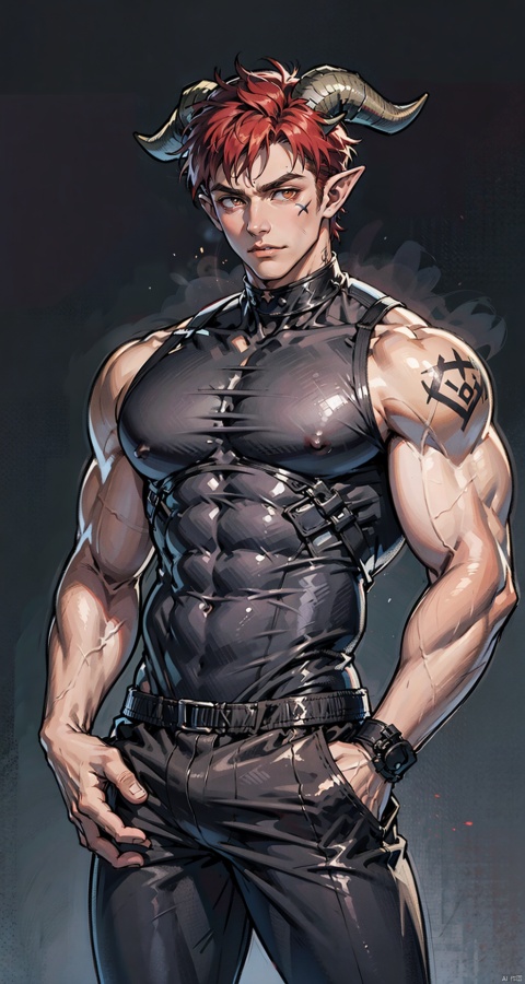  handsome male,adult male,a strong male,upper body portrait,young,solo,big muscle,(thick arms),(big pecs),( long legs),slim,1male,slender waist,hands in pockets,abdominal muscle,Red short hair,Black vest,Tattoos on arms,,black bodysuit, hedelei,there are horns on the head