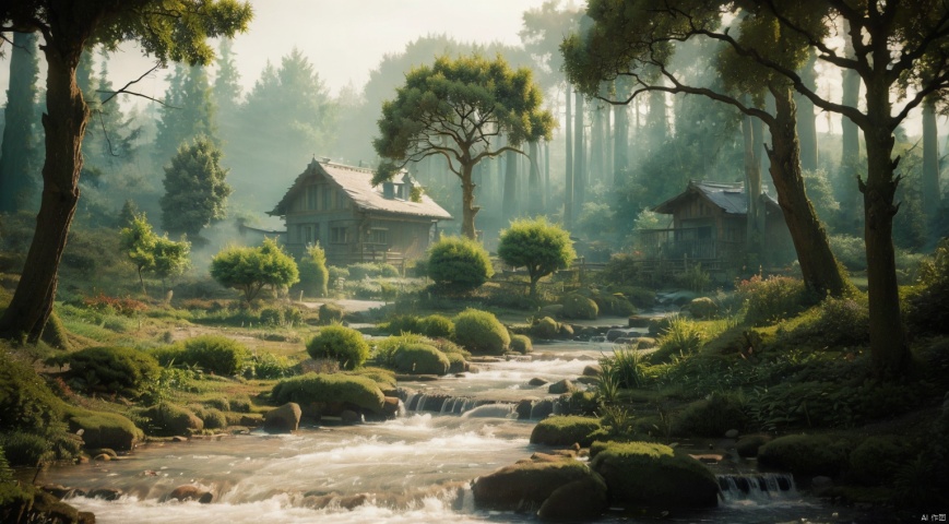 (forest:1.7),(Different varieties of trees:1.7),log cabin,The stream next to the small wooden house,The blue sky,Clear Sky,complex and detailed background,realistic,best quality,dynamic lighting,natural shadow,ray tracing,volumetric lighting,highest detail,detailed background,intricate, misty of forest