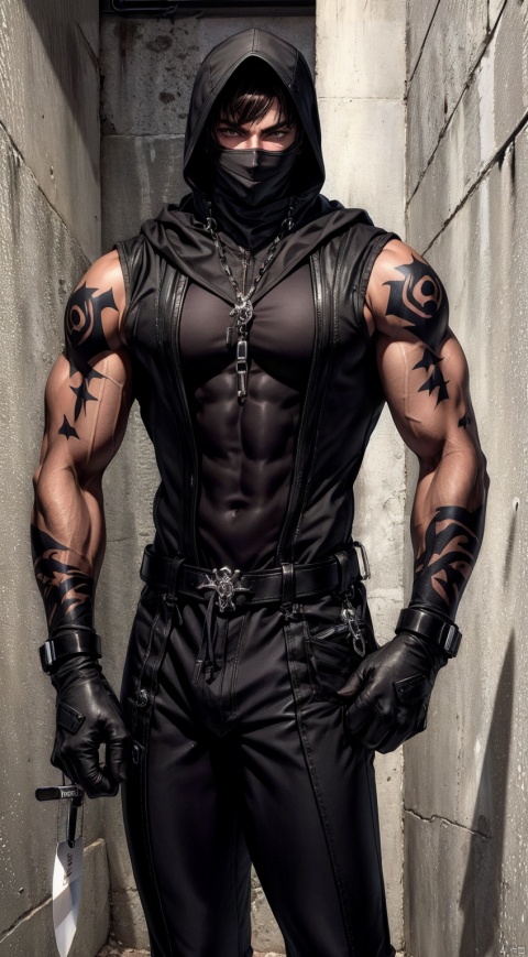  boy,Young male,A handsome boy,A strong boy,Young face,A wild smile,(Red short hair:1.6),(Wearing black high necked sleeveless tight fitting clothes:1.6),(Wearing a hood:1.6),(Wearing a black cloth mask:1.6),(Tight fitting clothing:1.6),(large pectorals:1.6),(The black tattoo on the arm:1.4),(Holding a dagger in hand:1.6),(The belt has many sharp metal pendants:1.6),broad shoulders,slender waist,Wide shoulders and narrow waist,abdominal muscle,(shiny skin:1),(dark skin:1.6),(long legs),(night:1.6),Middle Ages Alley,(A medieval alley at night:1.6),(A complex and detailed background),realistic,best quality,dynamic lighting,natural shadow,ray tracing,volumetric lighting,highest detail,detailed background,insane details,intricate,detailed face,detailed skin,subsurface scattering, leikete, black bodysuit