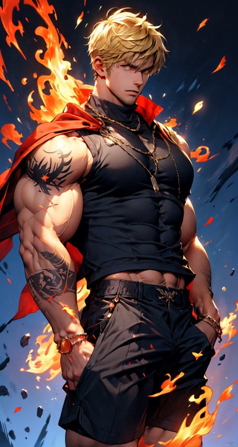 handsome male,upper body portrait,young,solo,big muscle,(thick arms),(big pecs),black shorts,black vest,( long legs),slim,1male,slender waist,hands in pockets,abdominal muscle,blonde hair,black skin,black sleeveless turtleneck top,Tattoos on arms,niji5, flamebringer (arknights)