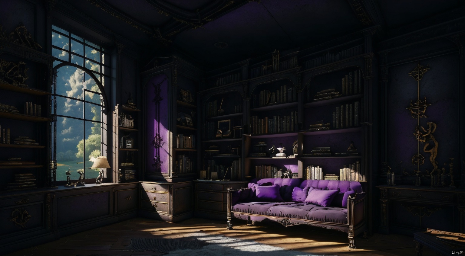  indoor,a study,study,purple and black room,Bookcase,(A bookcase occupying an entire wall:1.6),sofa,table,desk,chair,Simple french window,sliding doors,test tube,Various colored reagents in test tubes,(Gothic style:1),French window,Simple french window,Tied up sheer curtains,Open Windows,Open french window,bright warm sunlight,The lakes and Forest Outside the Window,lakes,forest,intersting lights and shadows,4k hd, (highly detailed background),(masterpiece), best quality, ultra detail, (intricate detail),dynamic lighting, perfect lighting, detailed shadows,(wide dynamic range:1.5), gothic