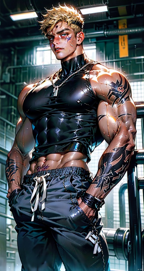  handsome male,upper body portrait,young,solo,big muscle,(thick arms),(big pecs),black shorts,( long legs),slim,1male,slender waist,fu,hands in pockets,abdominal muscle,blonde hair,black skin,black sleeveless turtleneck top,Tattoos on arms,niji5