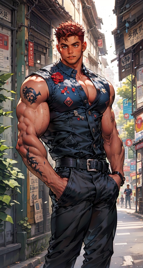  handsome male,upper body portrait,young,solo,big muscle,(thick arms),(big pecs),( long legs),slim,1male,slender waist,hands in pockets,red hair,black vest,black sleeveless jacket,tattoos on arms,muscular Male, fu
