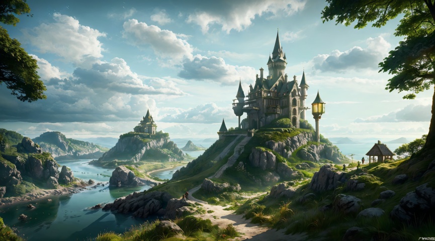  The surrounding decor contains green plants,detailed matte painting,fantastic and intricate details, fantasy concept art, 8k resolution trending on Artstation Unreal Engine, (\tong hua cheng bao\), RPG,castle, medieval,forest,coast, dark skin, 2D ConceptualDesign, castle,A sunny afternoon,Many people
