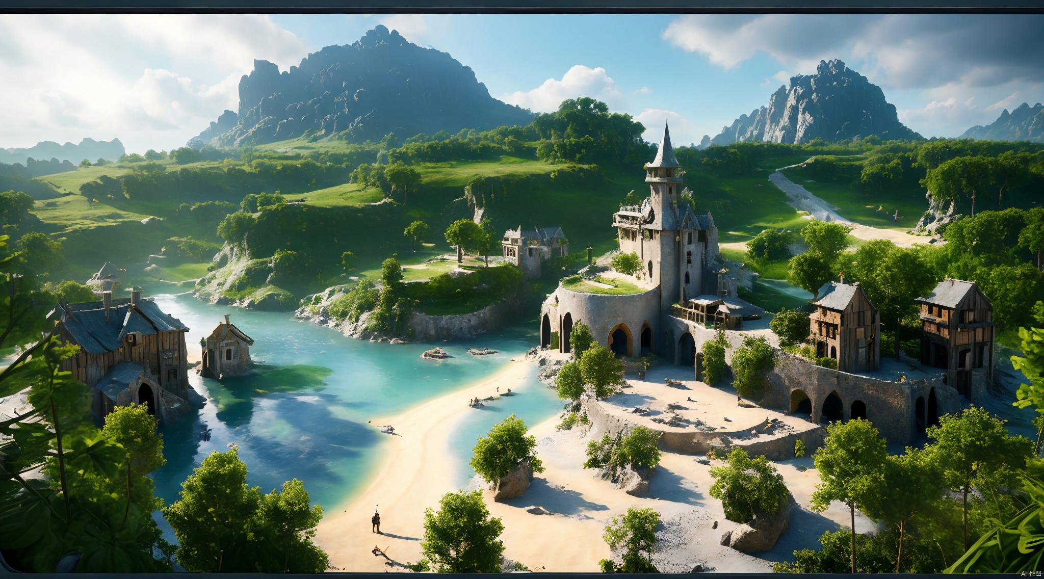  The surrounding decor contains green plants,detailed matte painting,fantastic and intricate details, fantasy concept art, 8k resolution trending on Artstation Unreal Engine, (\tong hua cheng bao\), RPG,castle, medieval,forest,coast,Liquid Sky,A prosperous town