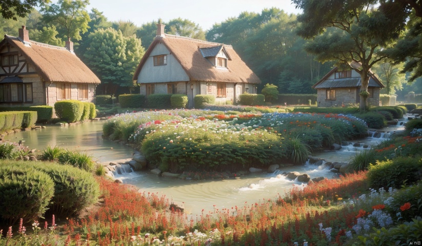  (forest:1.7),(Different varieties of trees:1.7),(Medieval Cottage:1.7),(The flower field next to the small house:1.7),(The stream next to the small house:1.7),(A clear blue stream:1.7),complex and detailed background,realistic,best quality,dynamic lighting,natural shadow,ray tracing,volumetric lighting,highest detail,detailed background,intricate, misty of forest