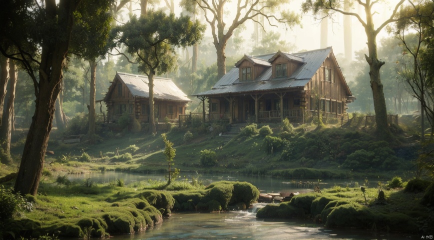 (forest:1.7),(dense tree:1.7),log cabin,(The wooden house is surrounded by dense trees:1.6),The stream next to the small wooden house,The blue sky,Clear Sky,complex and detailed background,realistic,best quality,dynamic lighting,natural shadow,ray tracing,volumetric lighting,highest detail,detailed background,intricate