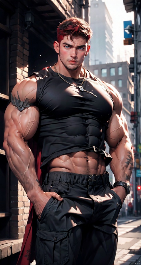 handsome male,a strong male,upper body portrait,young,solo,big muscle,(thick arms),(big pecs),( long legs),slim,1male,slender waist,hands in pockets,abdominal muscle,Red short hair,Black vest
