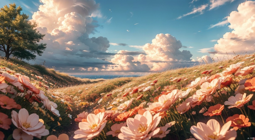  Flower Sea,Many flowers,Bright Sunshine, Flower sea,(A complex and detailed background),realistic,best quality,dynamic lighting,natural shadow,ray tracing,volumetric lighting,highest detail,detailed background,insane details,intricate,detailed face,detailed skin,subsurface scattering