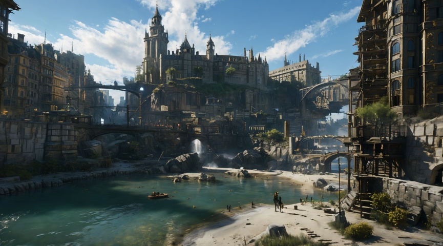  realistic, masterpiece, best quality, cinematic, dynamic lighting, natural shadow, ray tracing, volumetric lighting, highest detail, professional photography, detailed background,insane details, intricate, aesthetic,detailed matte painting,fantastic and intricate details,Bright color tones,Sunny Weather,fantasy concept art,8k resolution trending on Artstation Unreal Engine,medieval city,Compact architecture,Many people,Multiple buildings, castle