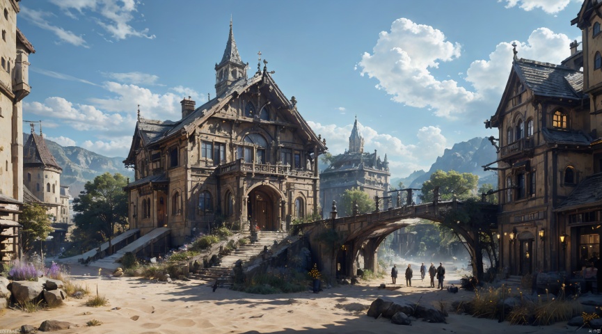  realistic, masterpiece, best quality, cinematic, dynamic lighting, natural shadow, ray tracing, volumetric lighting, highest detail, professional photography, detailed background,insane details, intricate, aesthetic,detailed matte painting,fantastic and intricate details,Bright color tones,Sunny Weather,fantasy concept art,8k resolution trending on Artstation Unreal Engine,medieval city,Compact architecture,Many people